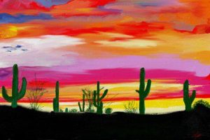 Painting Of A Bright Dessert Sunset With Cactus
