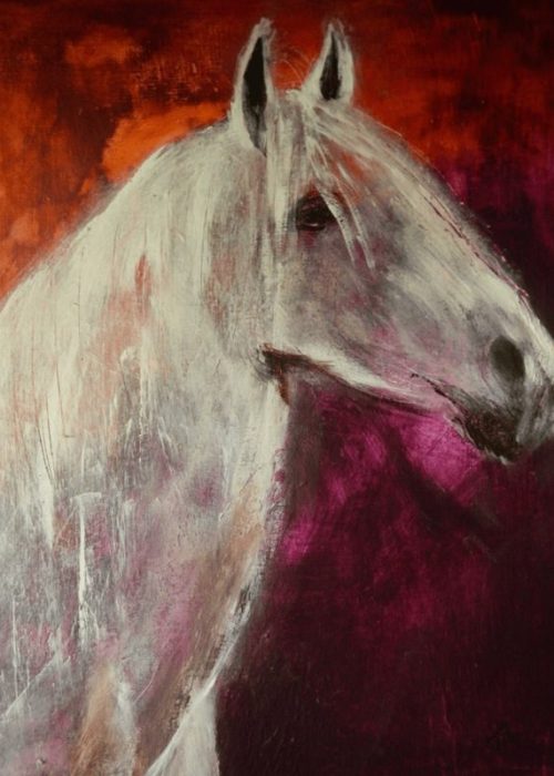 Painting Of White Horse With Red Background